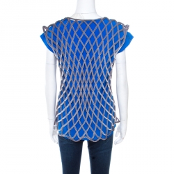 Pre Owned Balenciaga Blue Contrast Criss Cross Velvet Overlay Top L
