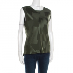Pre Owned Balenciaga Olive Green Satin Jacquard Back Tie Detail Sleeveless Top S