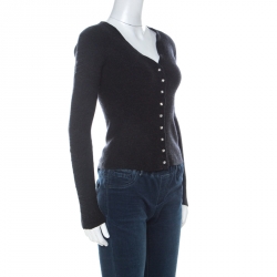 Pre Owned Balenciaga Charcoal Grey Wool Ruched Sleeve Detail Buttoned Cardigan M