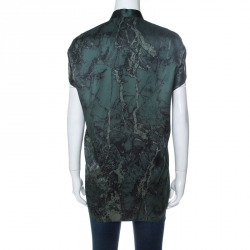 Pre Owned Balenciaga Green Printed Mandarin Collar Cap Sleeve Button Front Shirt M