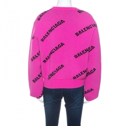 Pre Owned Balenciaga Pink Allover Logo Wool Crew Neck Sweater M