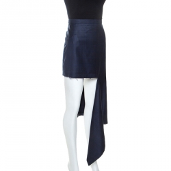 Balenciaga Navy Blue Checked Virgin Wool Asymmetric Mini Skirt S 