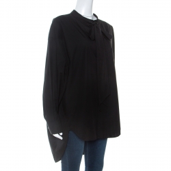 Pre Owned Balenciaga Black Cotton Logo Print Tie Neck Detail Swing Shirt L