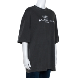 Pre Owned Balenciaga Anthracite Grey Logo Print Cotton Oversized T-Shirt L