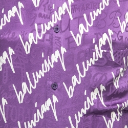 Pre Owned Balenciaga Purple Scribbled Silk Jacquard Rawcut Dress M