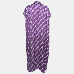 Pre Owned Balenciaga Purple Scribbled Silk Jacquard Rawcut Dress M