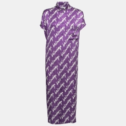 Pre Owned Balenciaga Purple Scribbled Silk Jacquard Rawcut Dress M