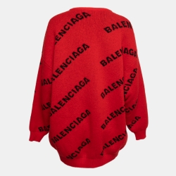 Pre Owned Balenciaga Red Logo Intarsia Knit Wool Oversized Jumper M