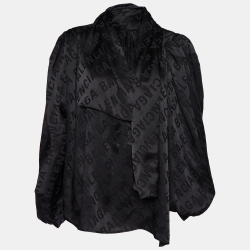 Pre Owned Balenciaga Black All Over Logo Silk Satin Neck Tie Detail Oversized Shirt S