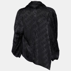 Pre Owned Balenciaga Black All Over Logo Silk Satin Neck Tie Detail Oversized Shirt S