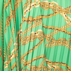 Pre Owned تنورة ميدي بالنسياغا ساتان مطبوع سلاسل خضراء بطيات غير متساوية مقاس صغير - سمول