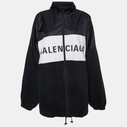 Pre Owned Balenciaga Black Logo Print Denim and Nylon Zip Front Oversized Jacket L