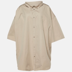Pre Owned Balenciaga Beige Cotton Logo Printed Oversized Shirt L