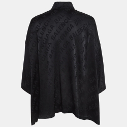 Pre Owned Balenciaga Black Logo Pattern Satin Silk Oversized Short Sleeve Shirt S