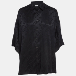 Pre Owned Balenciaga Black Logo Pattern Satin Silk Oversized Short Sleeve Shirt S