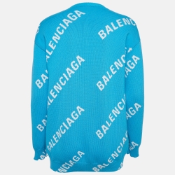 Pre Owned Balenciaga Blue Logo Printed Oversize Cardigan XS