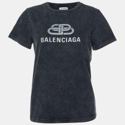 Pre Owned Balenciaga Grey Logo Print Cotton Crew Neck T-Shirt M