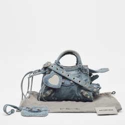 Pre Owned Balenciaga Blue Denim XS Crystals Neo Cagole Bag