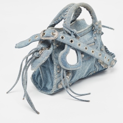 Pre Owned Balenciaga Blue Denim XS Crystals Neo Cagole Bag