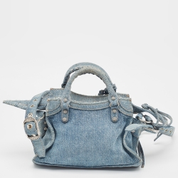 Pre Owned Balenciaga Blue Denim XS Crystals Neo Cagole Bag