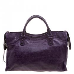 Pre Owned Balenciaga Purple Leather Classic City RH Tote