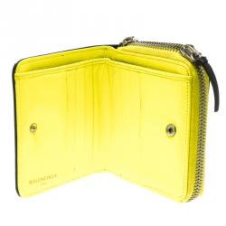 Pre Owned Balenciaga Black/Neon Green Leather Papier Zip Compact Wallet