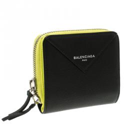 Pre Owned Balenciaga Black/Neon Green Leather Papier Zip Compact Wallet