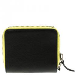 Pre Owned Balenciaga Black/Neon Green Leather Papier Zip Compact Wallet
