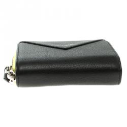 Pre Owned Balenciaga Black/Neon Green Leather Papier Zip Compact Wallet