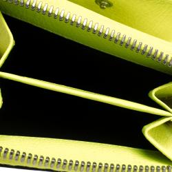 Pre Owned Balenciaga Black/Neon Green Leather Papier Zip Compact Wallet