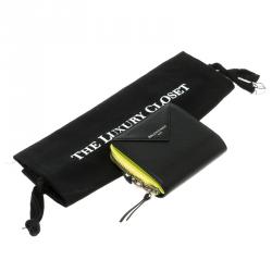 Pre Owned Balenciaga Black/Neon Green Leather Papier Zip Compact Wallet