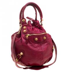 Pre Owned Balenciaga Pourpre Leather GGH 21 Hardware Pompon Hobo