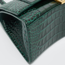 Pre Owned Balenciaga Green Croc Embossed Leather Small Hourglass Top Handle Bag