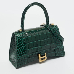 Pre Owned Balenciaga Green Croc Embossed Leather Small Hourglass Top Handle Bag
