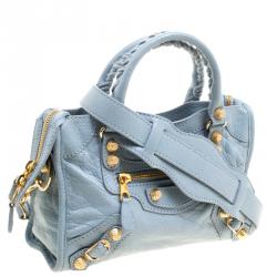 Pre Owned Balenciaga Blue Dragee Leather Mini Gold Hardware City Bag