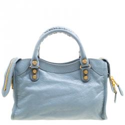 Pre Owned Balenciaga Blue Dragee Leather Mini Gold Hardware City Bag