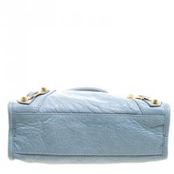 Pre Owned Balenciaga Blue Dragee Leather Mini Gold Hardware City Bag