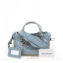 Pre Owned Balenciaga Blue Dragee Leather Mini Gold Hardware City Bag