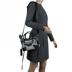Pre Owned Balenciaga Black and White Cotton Toile and Leather Classic Mini City Silver Hardware Bag