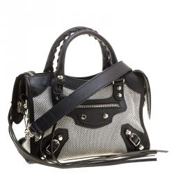 Pre Owned Balenciaga Black and White Cotton Toile and Leather Classic Mini City Silver Hardware Bag