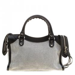 Pre Owned Balenciaga Black and White Cotton Toile and Leather Classic Mini City Silver Hardware Bag
