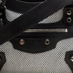 Pre Owned Balenciaga Black and White Cotton Toile and Leather Classic Mini City Silver Hardware Bag