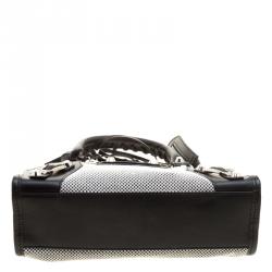 Pre Owned Balenciaga Black and White Cotton Toile and Leather Classic Mini City Silver Hardware Bag