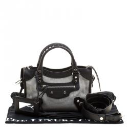 Pre Owned Balenciaga Black and White Cotton Toile and Leather Classic Mini City Silver Hardware Bag