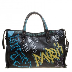 Pre Owned Balenciaga Black Graffiti Leather Small RH City Tote 
