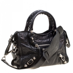 Pre Owned Balenciaga Black Leather Silver Hardware Mini City Bag 