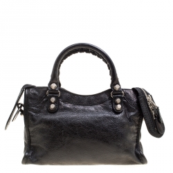 Pre Owned Balenciaga Black Leather Silver Hardware Mini City Bag 