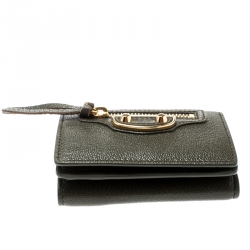 Pre Owned Balenciaga Olive Green Leather Mini Arena Wallet