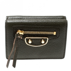 Pre Owned Balenciaga Olive Green Leather Mini Arena Wallet