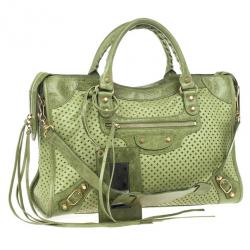 Pre Owned Balenciaga Green Perforated Classic Gold City Bag